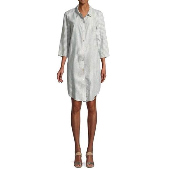 Eileen Fisher Dresses & Skirts - Eileen Fisher Chambray Hemp Striped
Shirt Dress Tunic Sz M blue white